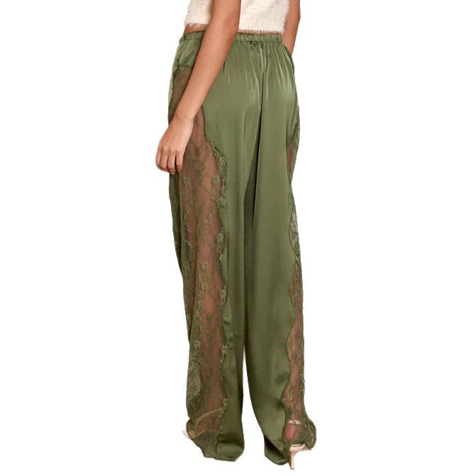 Fashionable Solid Color Sexy Satin Lace Loose Floor Length Pants