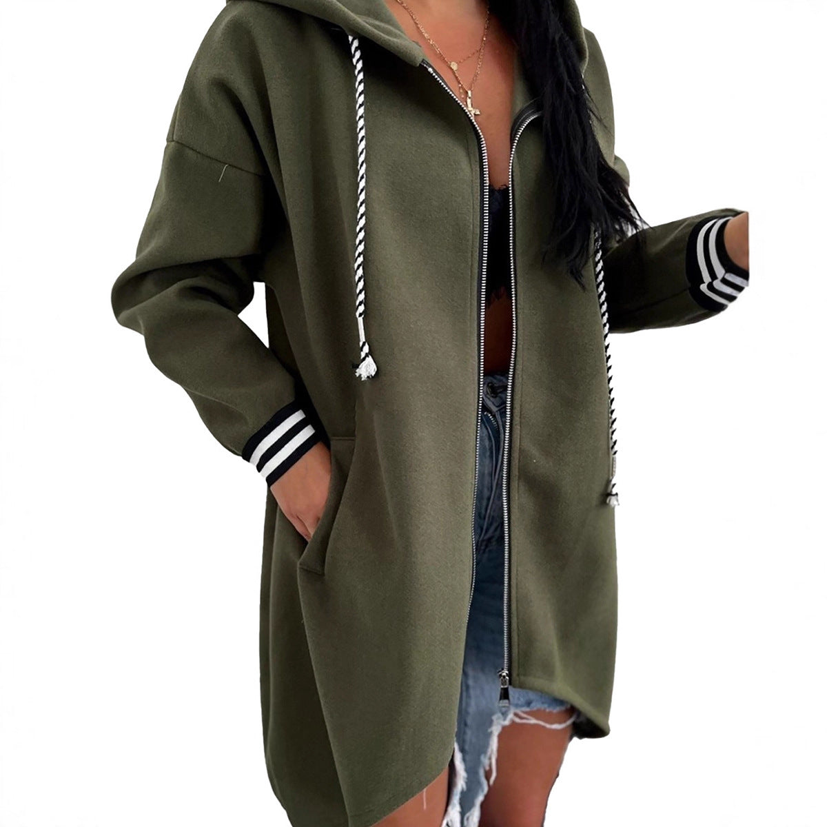 Women's Solid Color Loose Versatile Zip-up Hooded Jacket