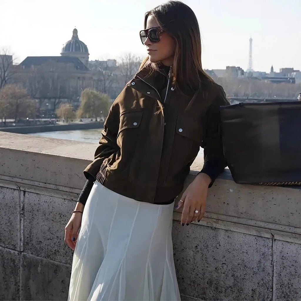 Jacket Brown Coat Front Zipper Short Trench Coat Coat