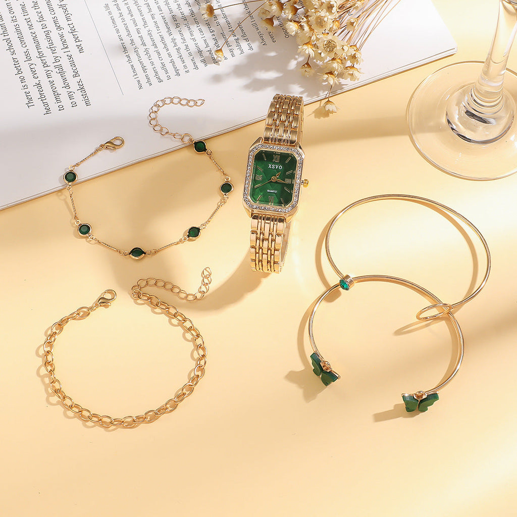 Wild Emerald Square Steel Watch Butterfly Bracelet 5pcsset Gift Set
