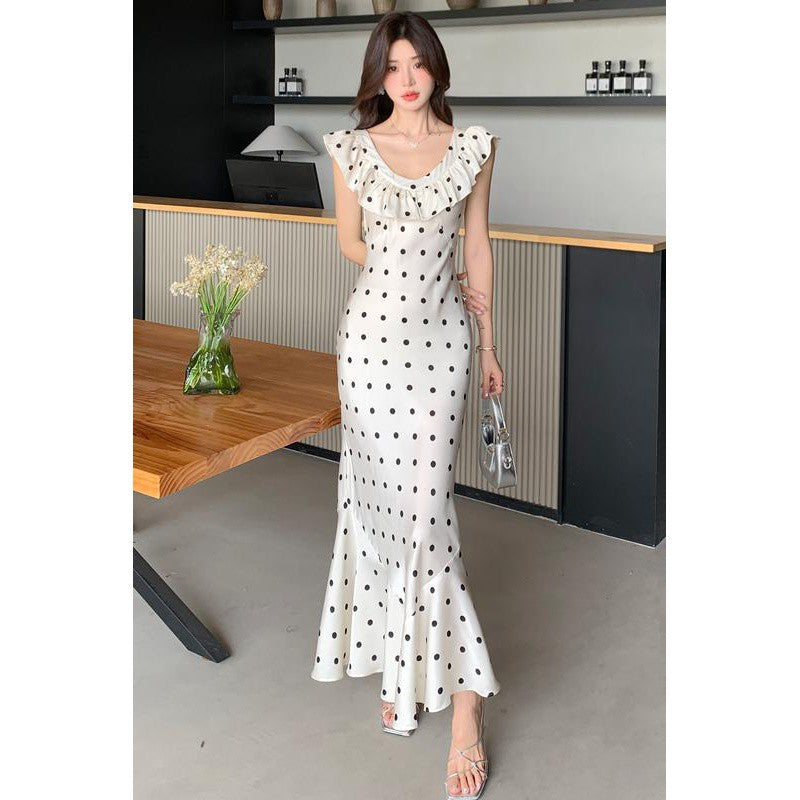 Temperament Waist-controlled Summer Ruffles Backless Polka Dot Dress Women