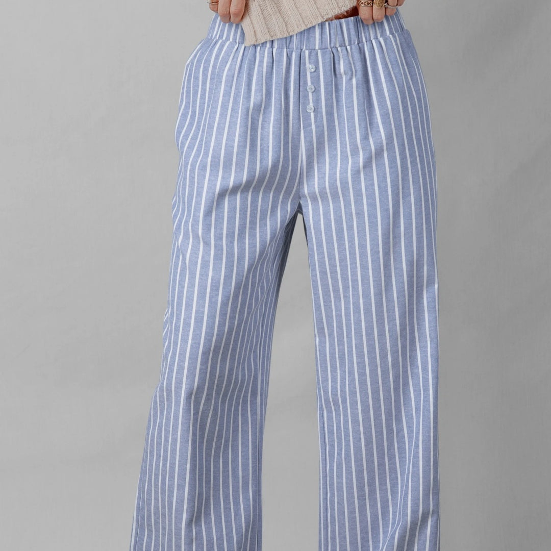 Sky Blue Stripe Buttoned Detail Loose Casual Pants