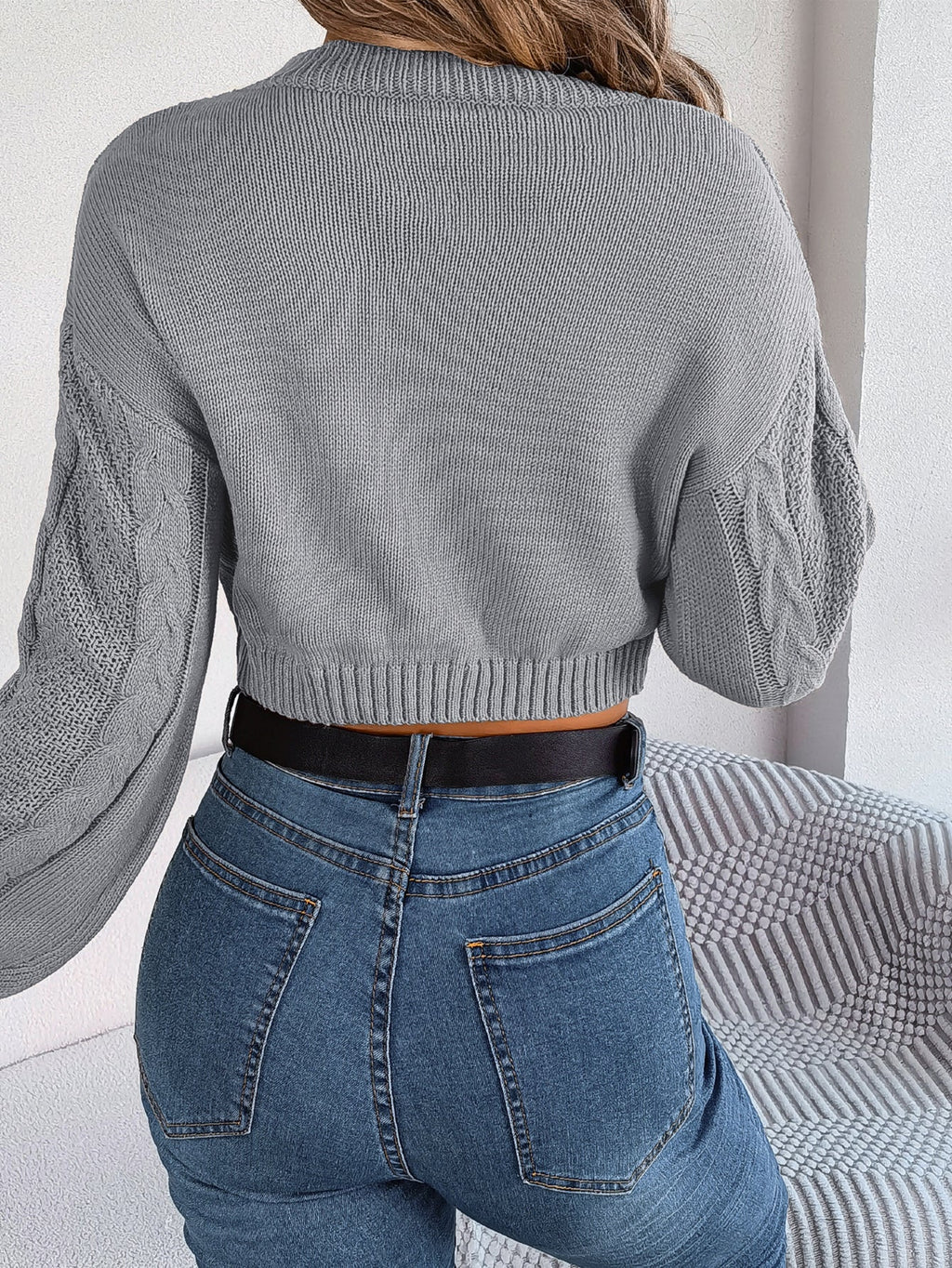 Women Casual Solid Color Cable Knit Long Sleeve Cropped Pullover