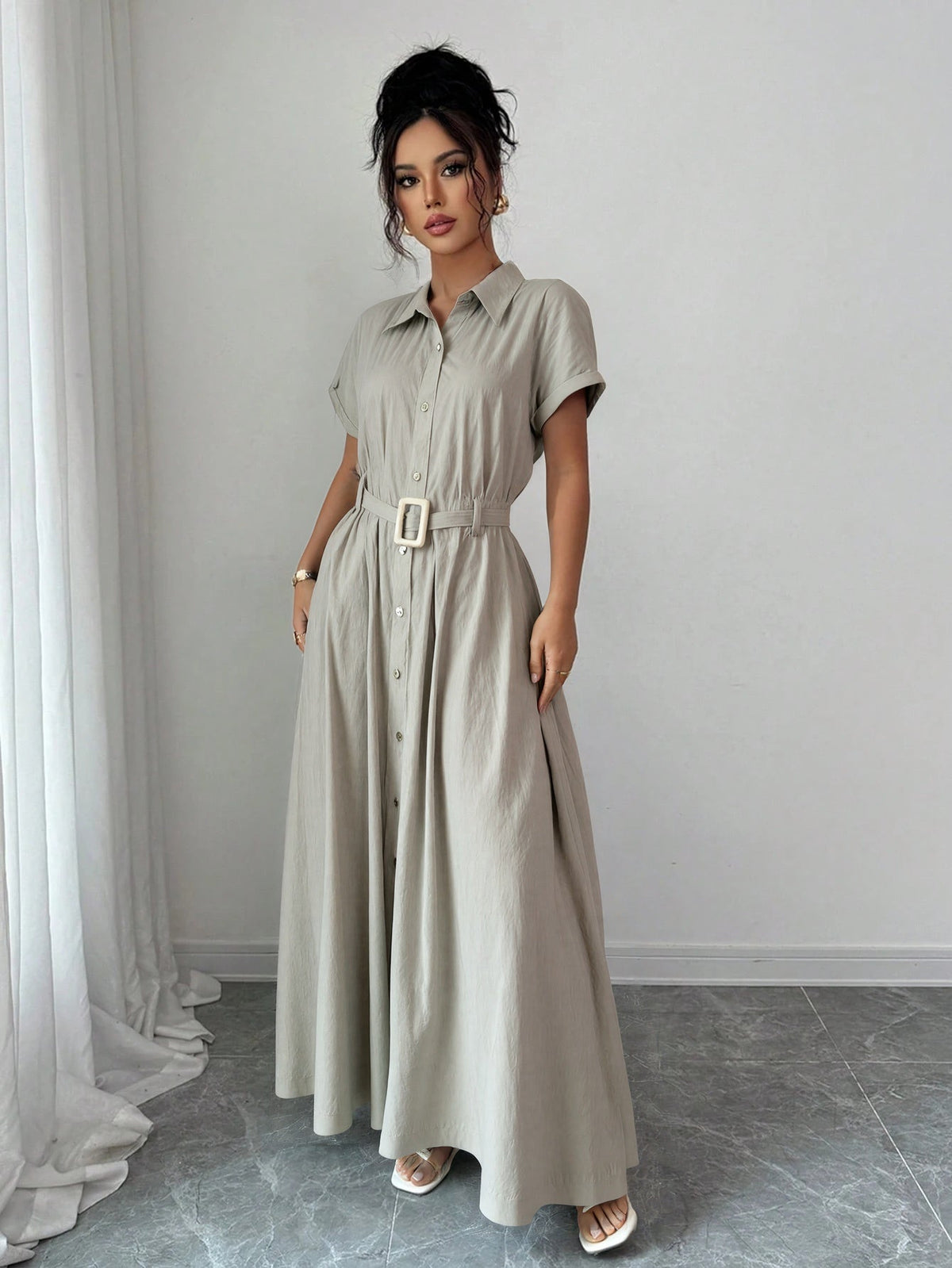 Short-Sleeve Shirt Waist-Cinched Maxi Dress