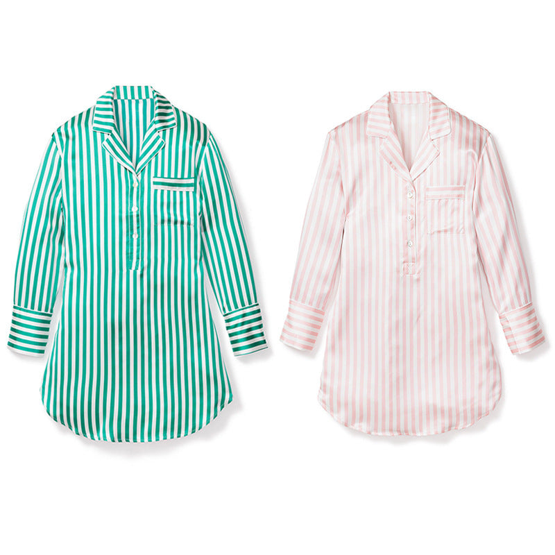 19 M Silk Shirt Dress Classic Long Sleeve Striped Spring And Summer Home Wear