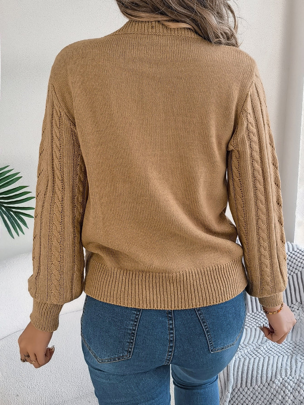 Women Casual Solid Color Hollow Out Lantern Sleeve Pullover Sweater