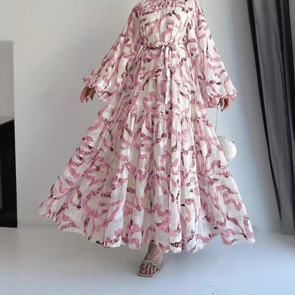 Chiffon Printed Maxi Dress With Beltstylish And Elegant