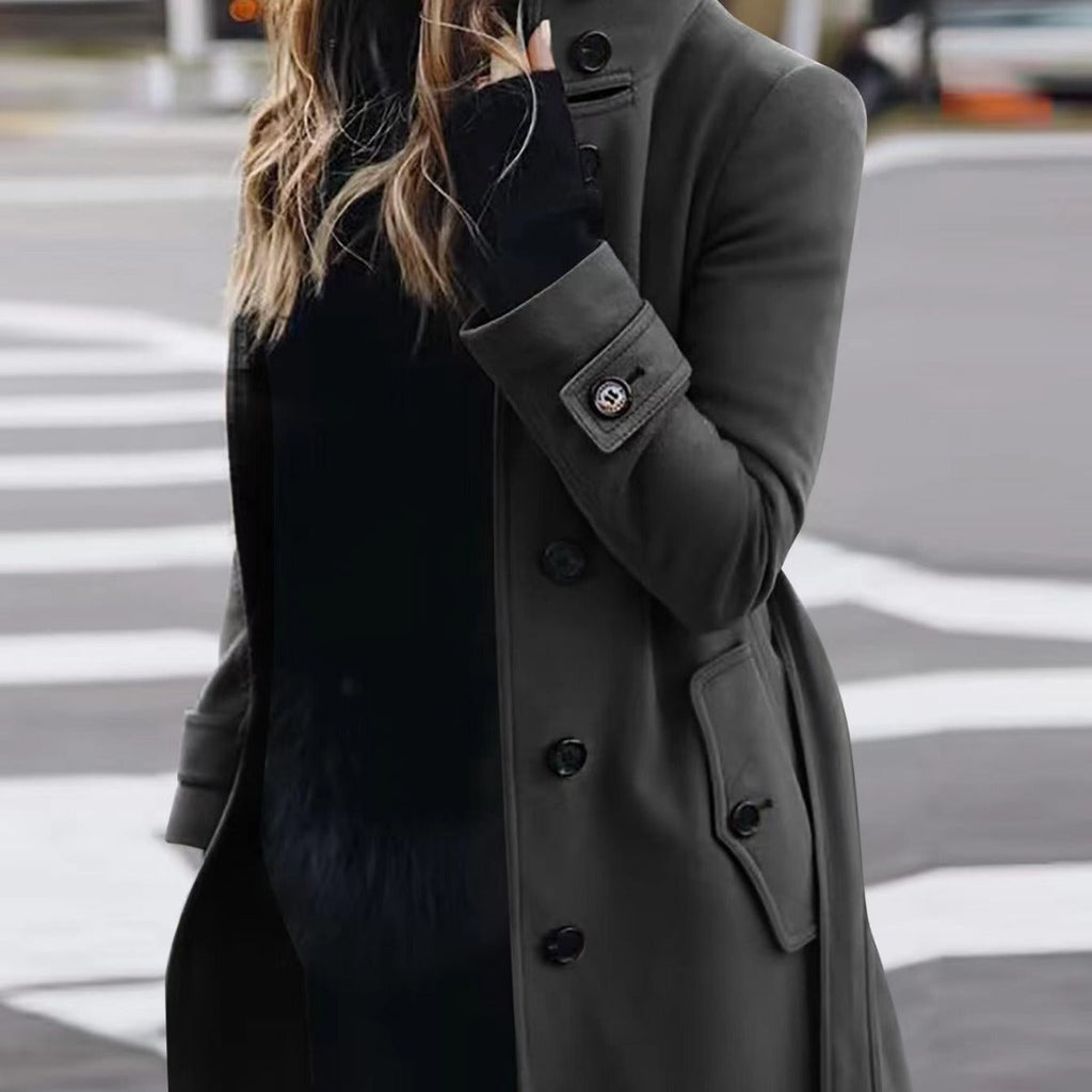 Women's Luxury Woolen Coat - Slim Fit Stand Collar Cardigan | Premium Winter Outerwear