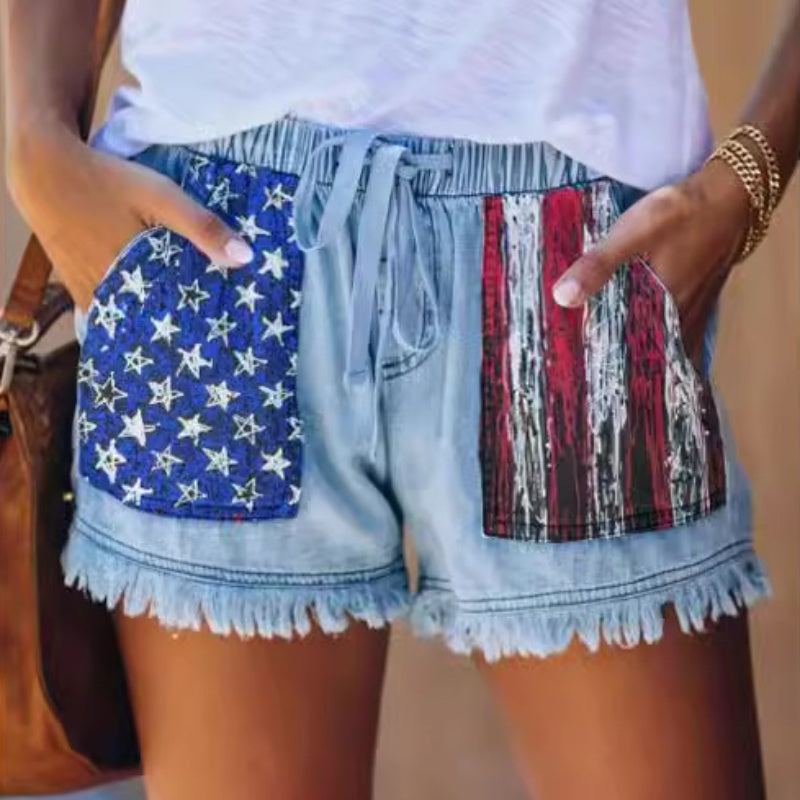 High-waisted Drawstring Fringe Denim Shorts For Women