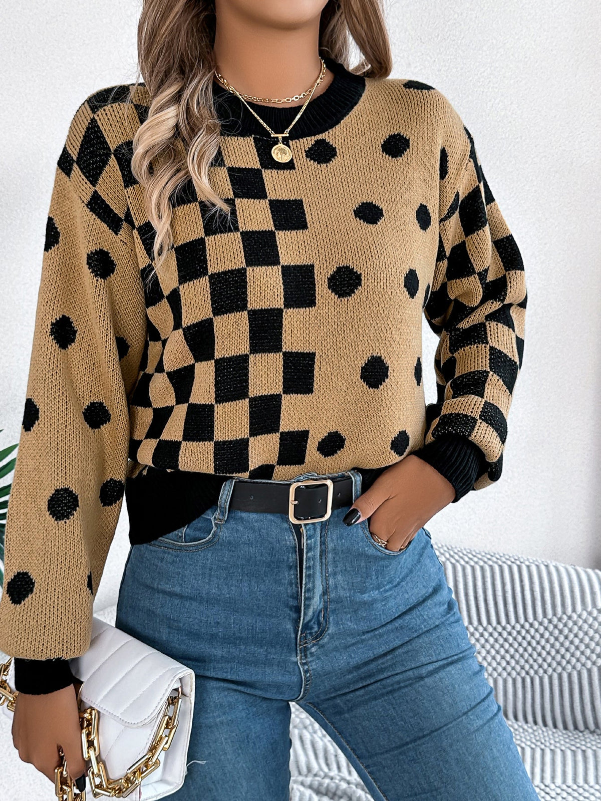 Women Casual Color Block Polka Dot Plaid Lantern Sleeve Pullover Sweater