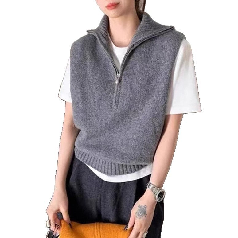 Retro Half Zipper Sleeveless Knit Vest