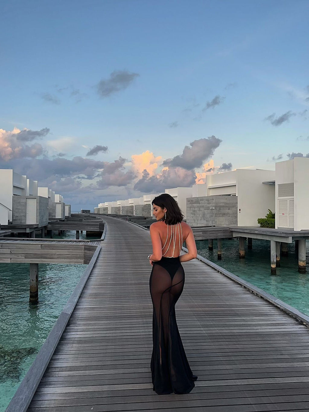 Black Backless Bright Silk Rope See-through Dress