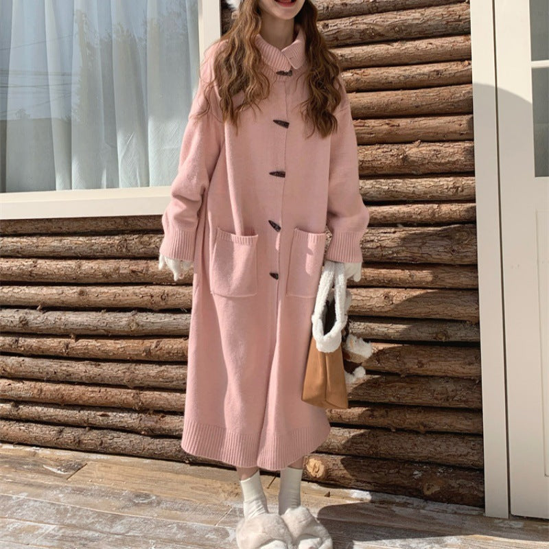 Women's Horn Button Cardigan Sweater - Mid-Length Turn-Down Collar Coat