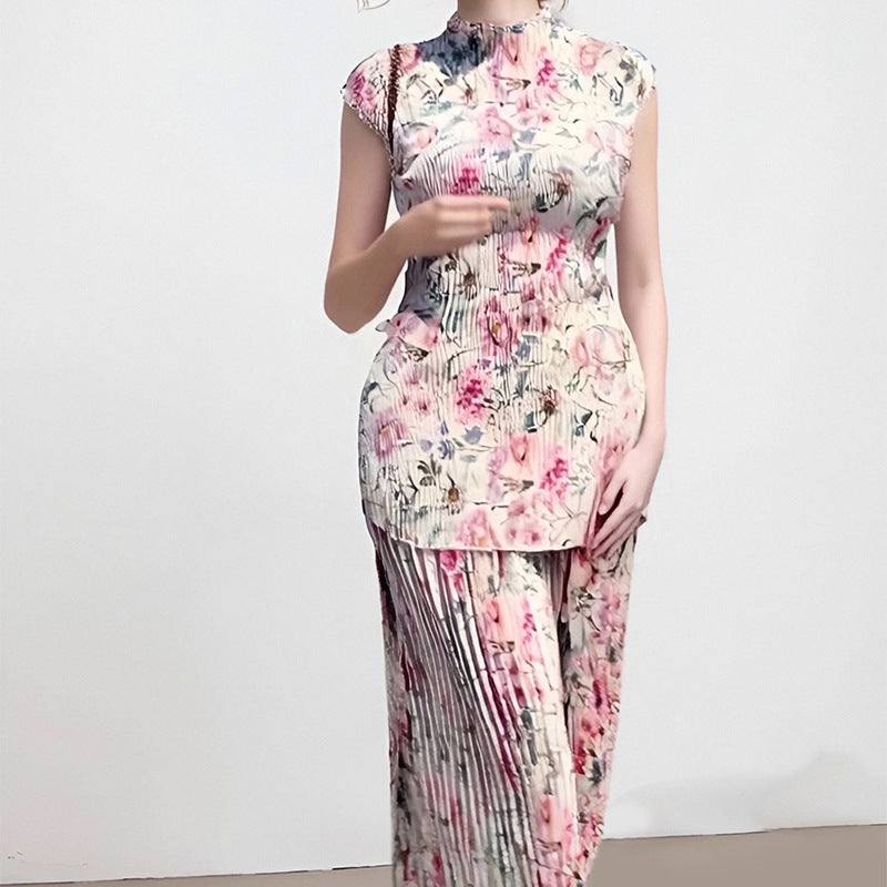 Long Sleeve Printed Chiffon Dress High Waist
