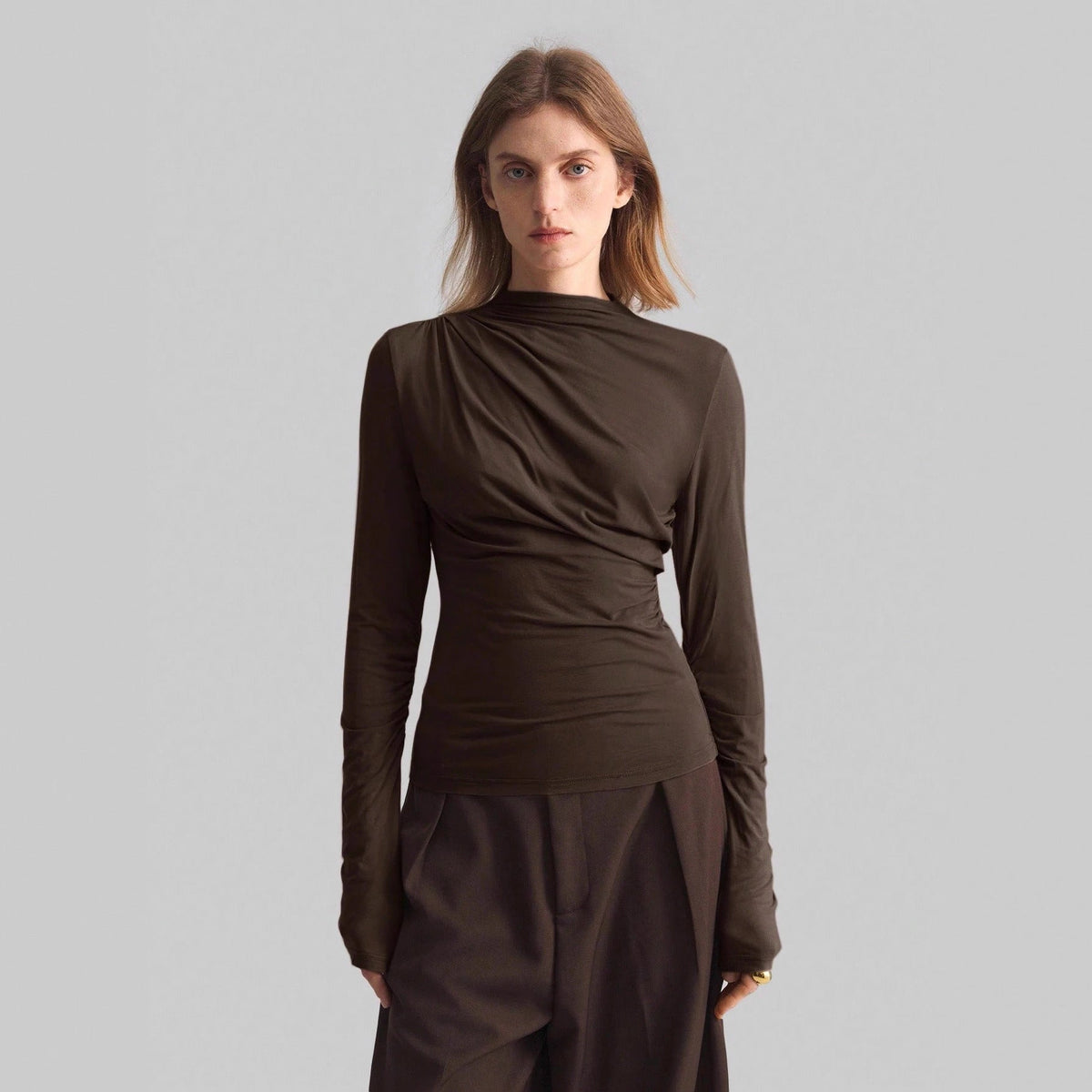 New Asymmetrical Mock-neck Slim-fit Base Top For Women