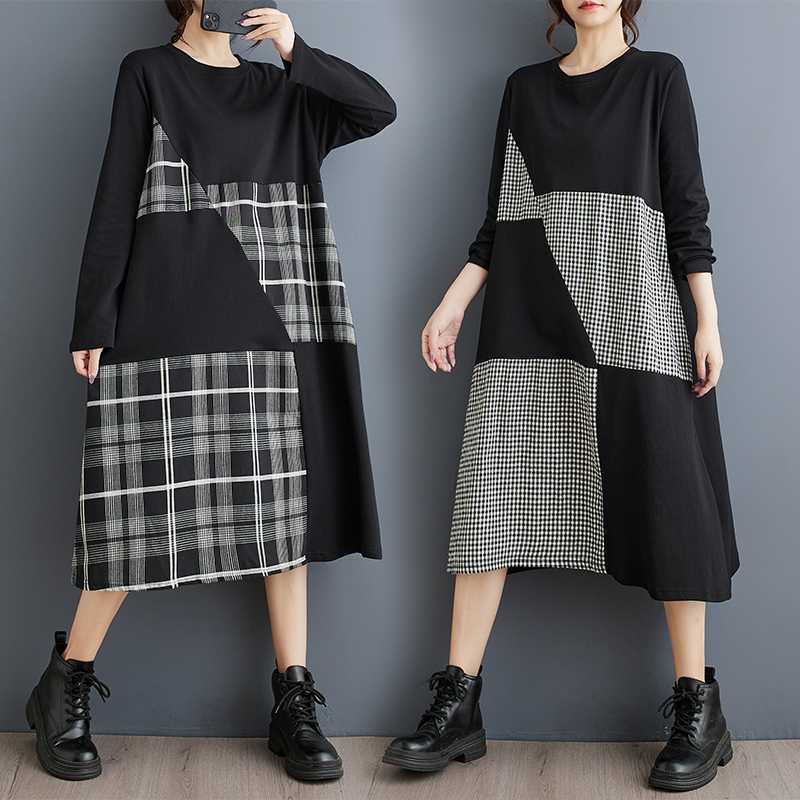 New Plaid Patchwork Loose-fitting Casual Dress