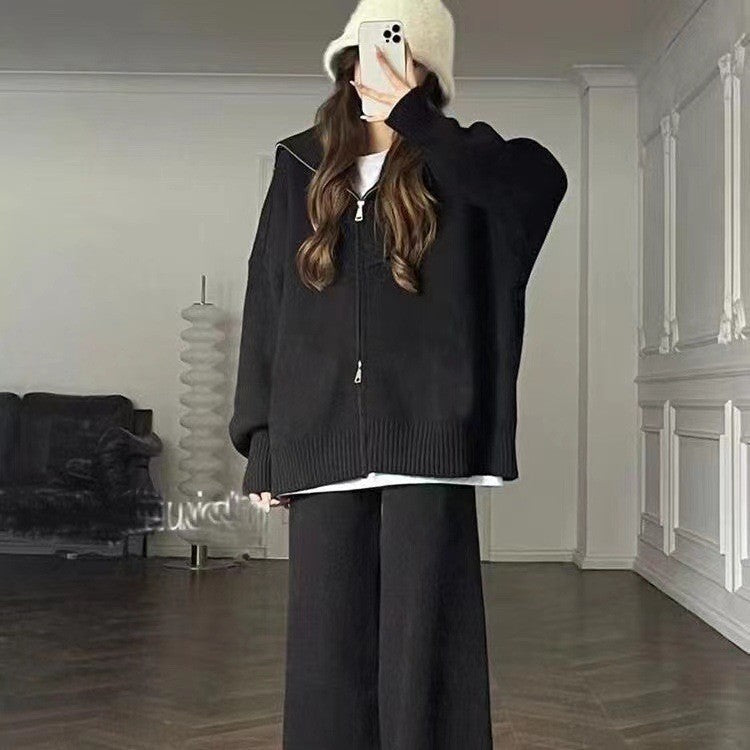 Knitted Zipper Cardigan Wide Leg Pants Solid Color Two-piece Set
