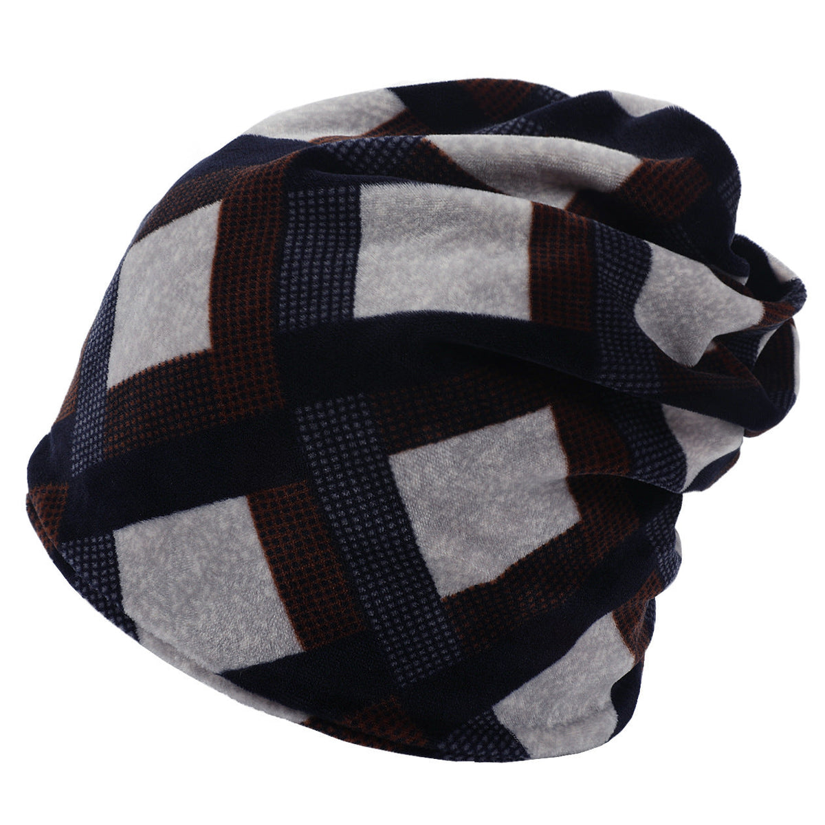 Double-layer Short-pile Bonnet With Multi-colored Plaid Pattern