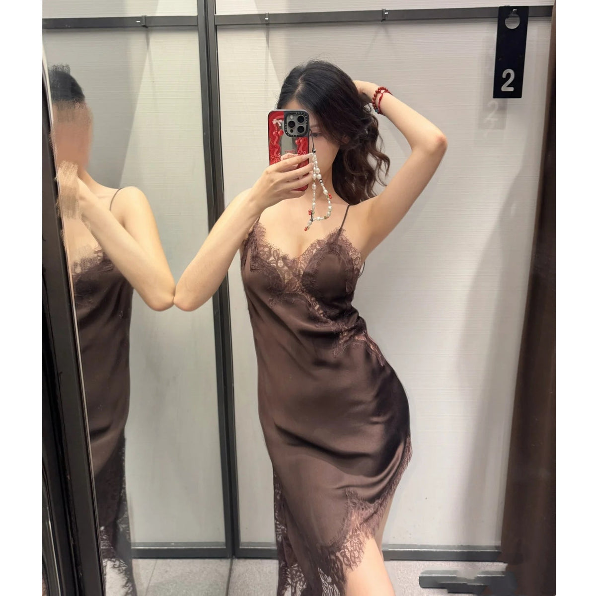 Silk Texture Sexy Lace Asymmetric Sling Dress
