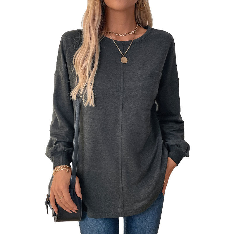 Round Neck Mid-length Solid Color Hoodie Women