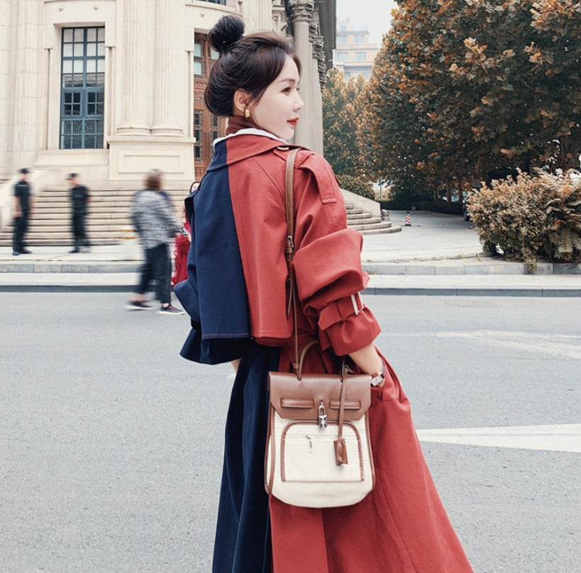 Stitching Contrast Windbreaker Mid-length Loose Coat