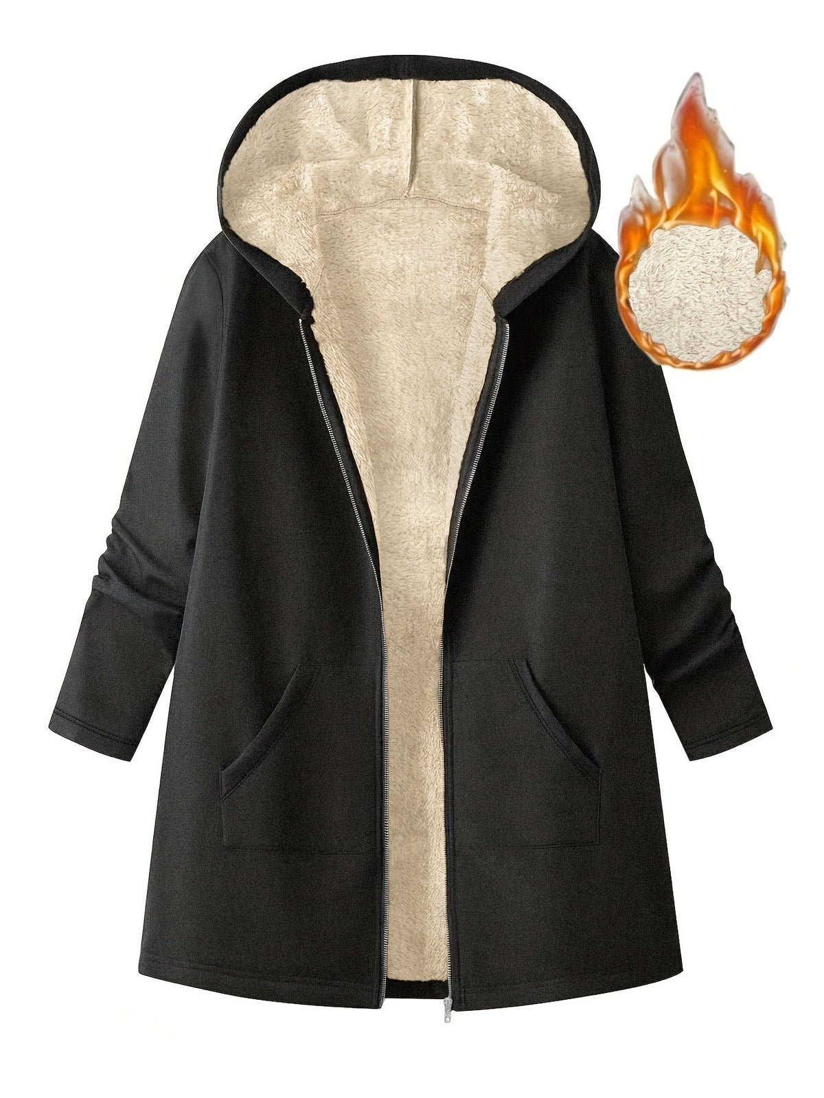 Women's Solid Color Fleece Lined Mid Length Hooded Coat
