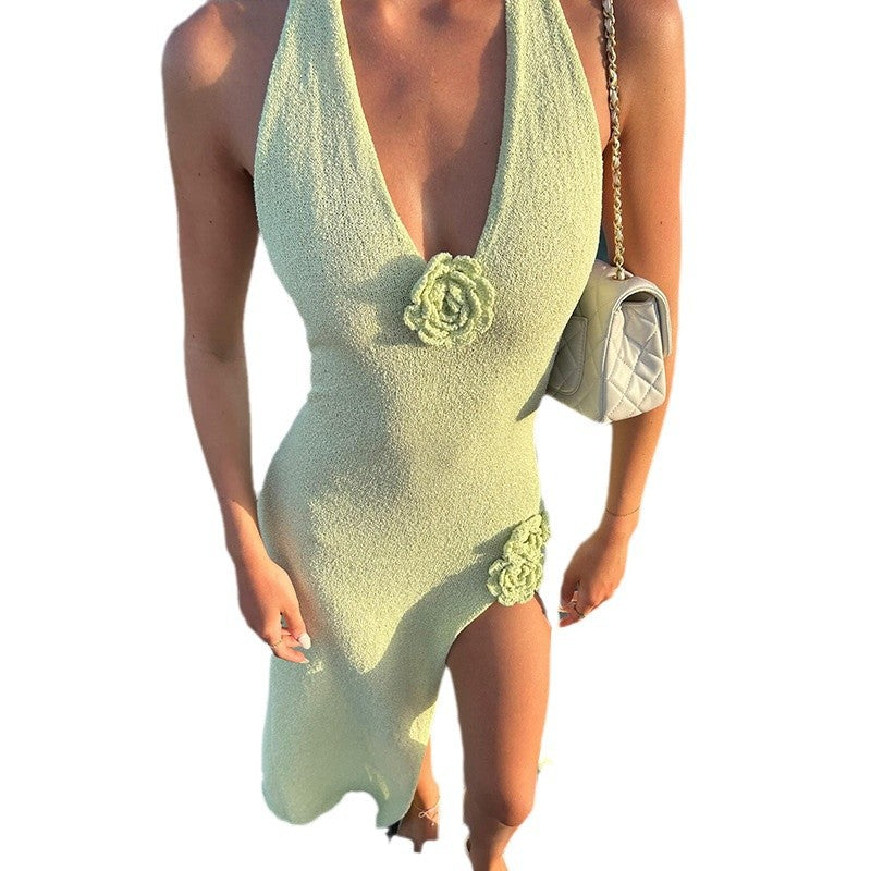 Deep V-neck Backless High Split Sling Dress