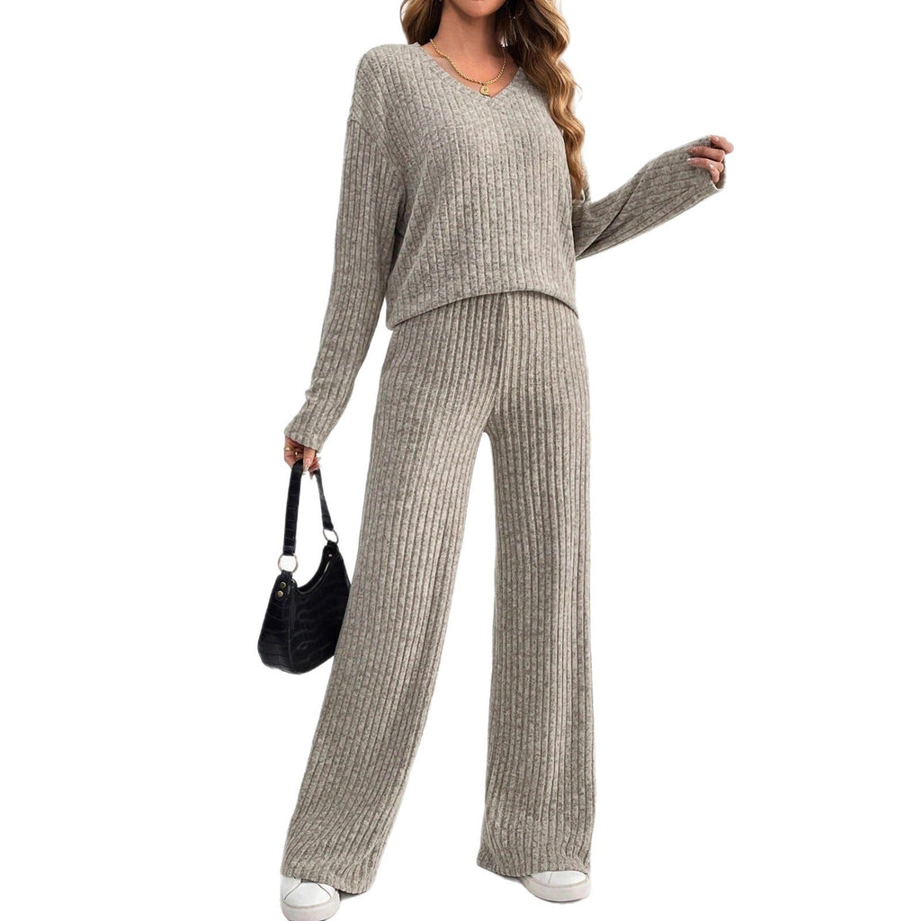 Women's Fashion Casual Straight Pants Temperament V-neck Sunken Stripe Knitting Suit