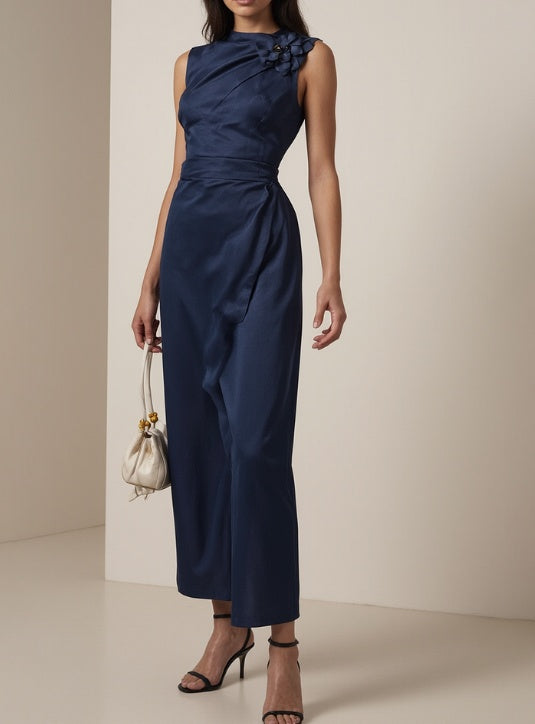 Midnight Elegance Satin Dress With Floral Shoulder Detail