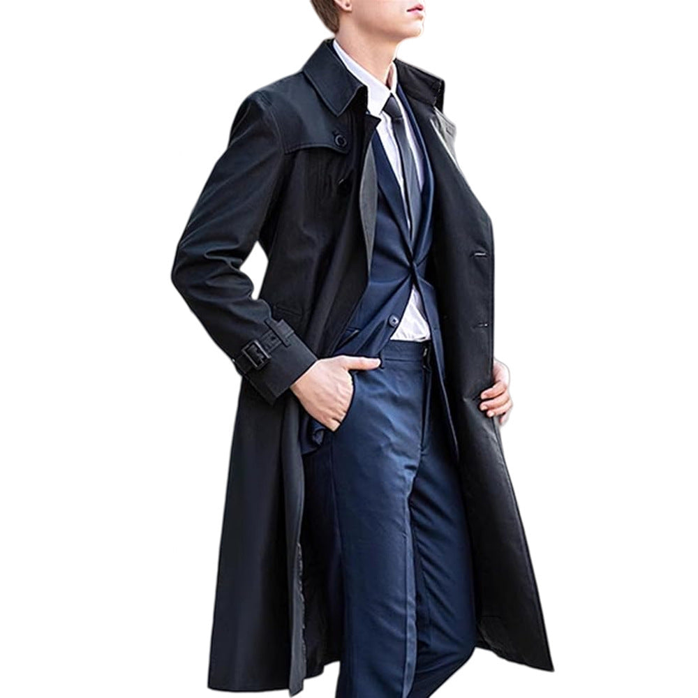 Premium Men's Long Trench Coat - Classic Solid Color Overcoat