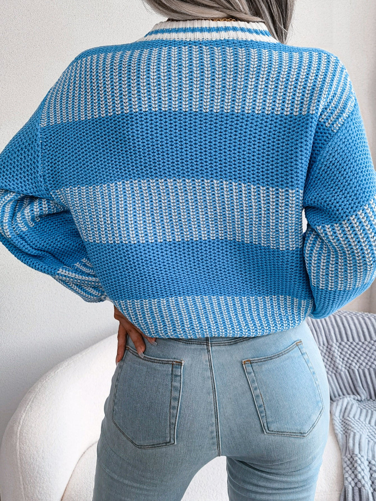 Women Casual Color Block Stripe Long Sleeve Knit Sweater