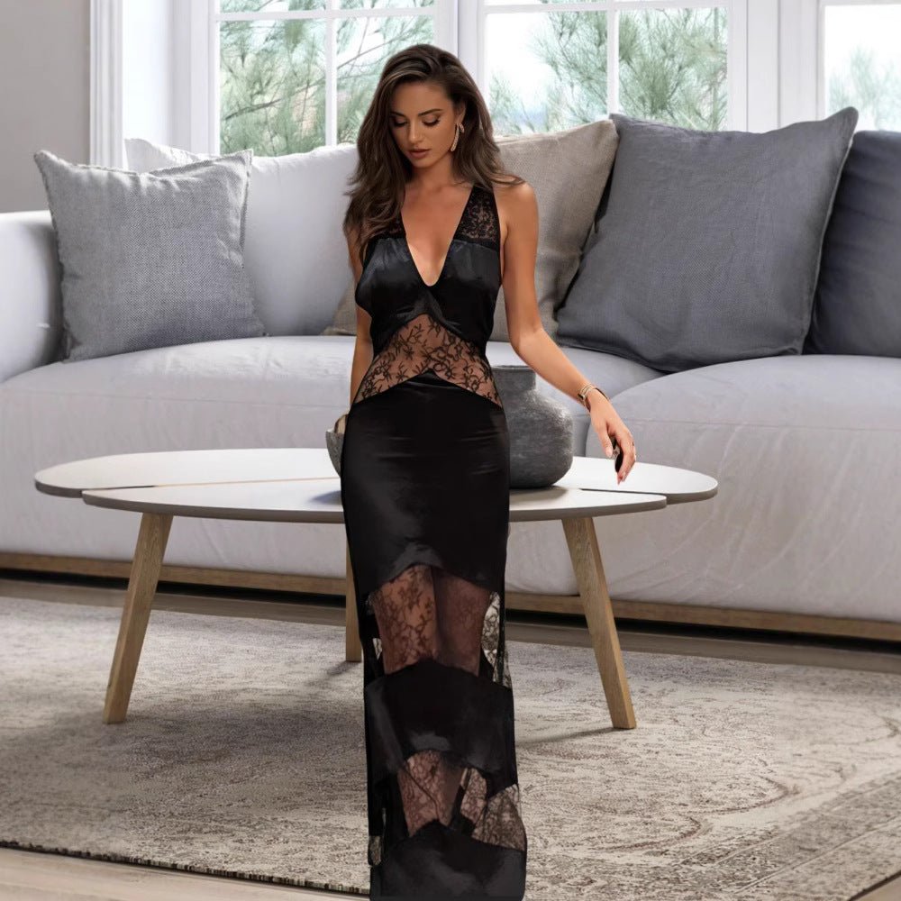 Backless Hollow Out See-through Dress Female Fashion Patchwork Long Dress