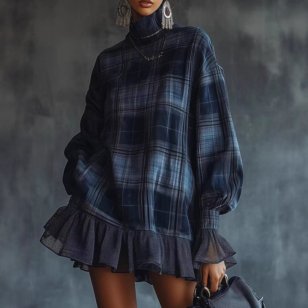 Women's Spring Collection Designer Plaid Dress With Ruffled Hem