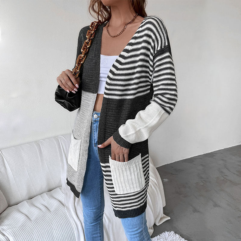 Women's Patchwork Stripes Cardigan Sweater Coat