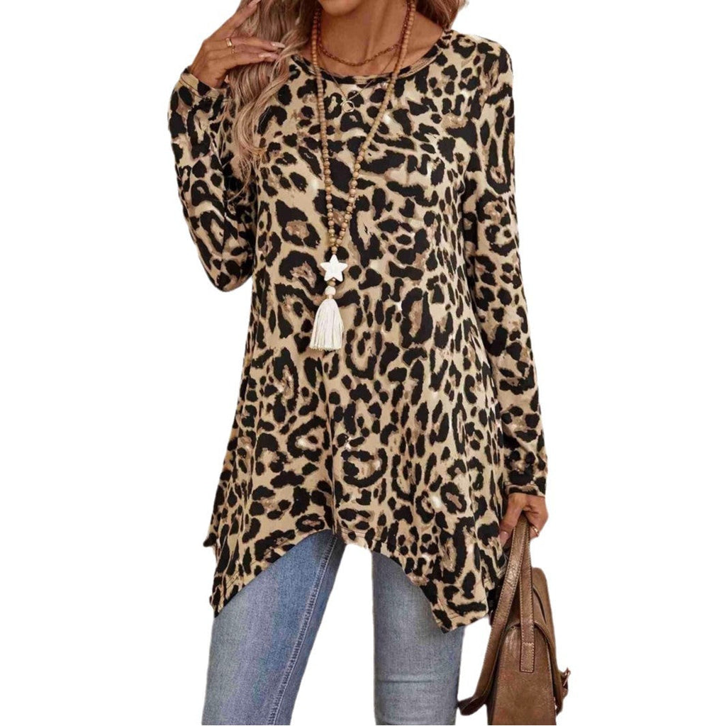 Loose-fitting Casual Round-neck Leopard Print Knitted Asymmetric Hem Top