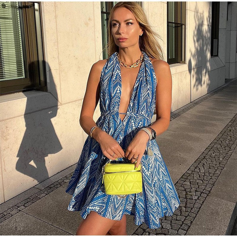 Vacation Style Backless Print Halter Beach Dress For Women