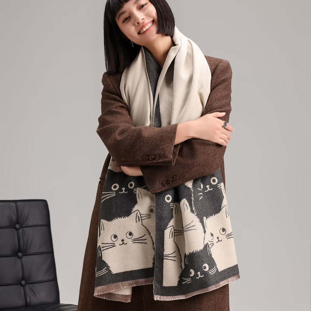 Double-sided Double-wear Student Faux Cashmere Scarf Cartoon Design For Autumn And Winter
