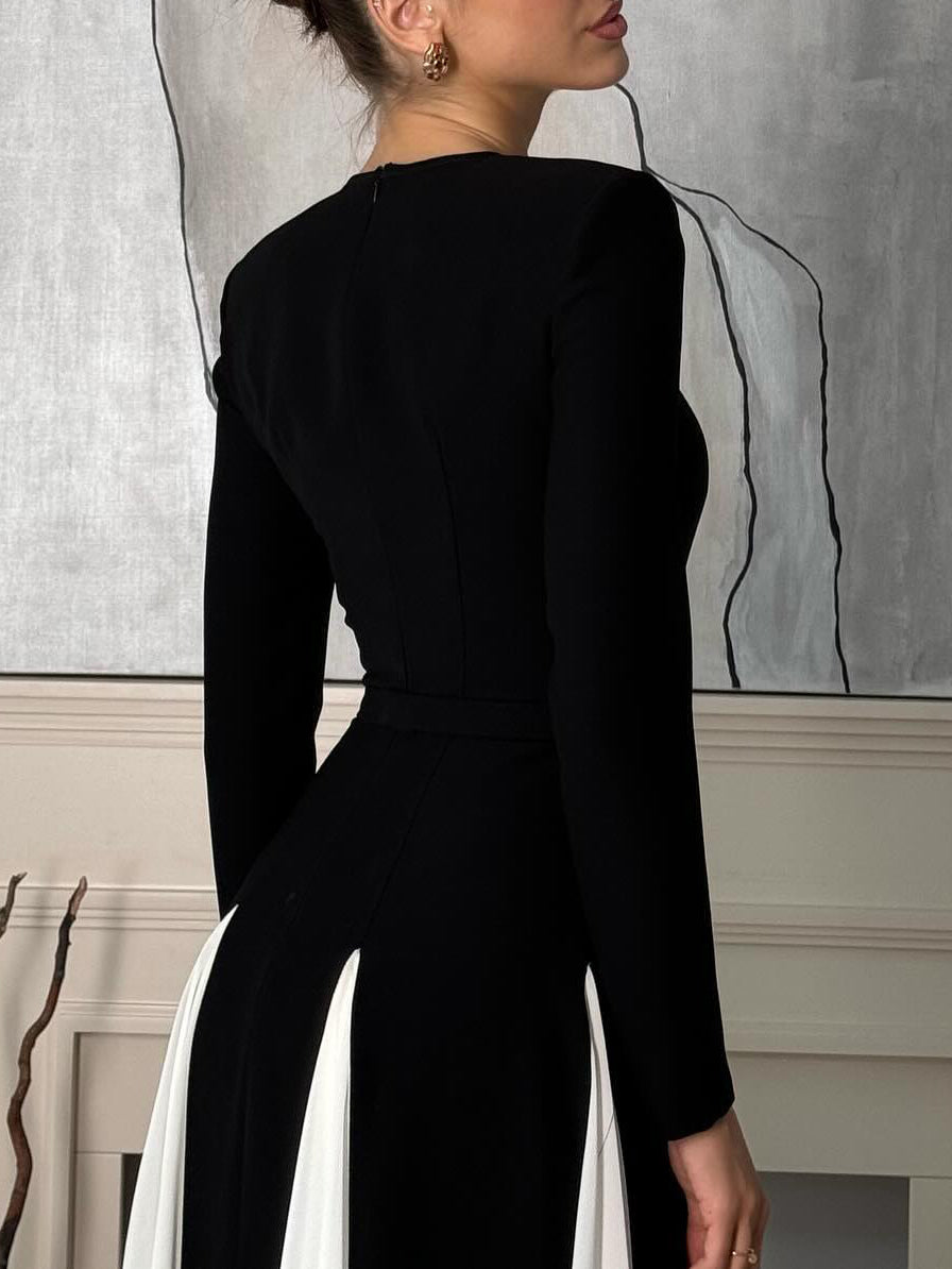 Sling Black & White Patchwork Long Sleeves Maxi Dress