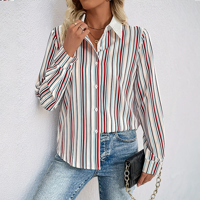 Lapel Color Vertical Striped Shirt For Women