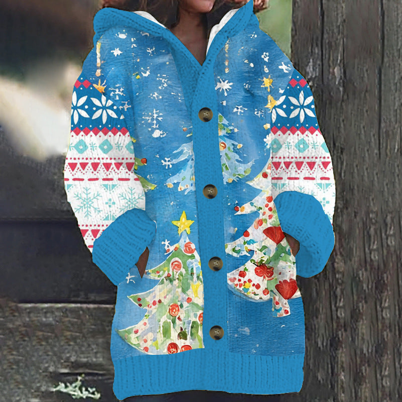 Women's Faux Wool Sweater Loosefit Jacquard Hooded Jacket