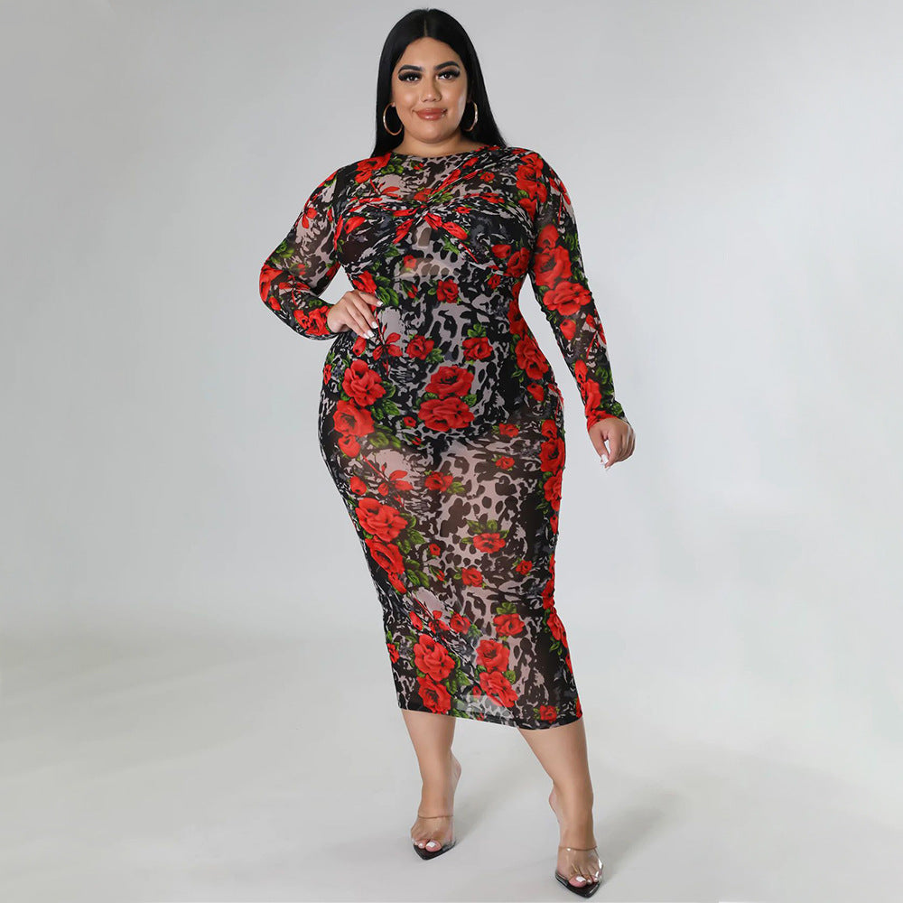 Round-neck Stretchy See-through Sheath Dress With A Printed Design