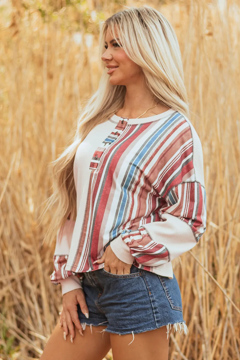 Beige Striped Waffle Patchwork Exposed Seam Raw Edge Casual Knit Top