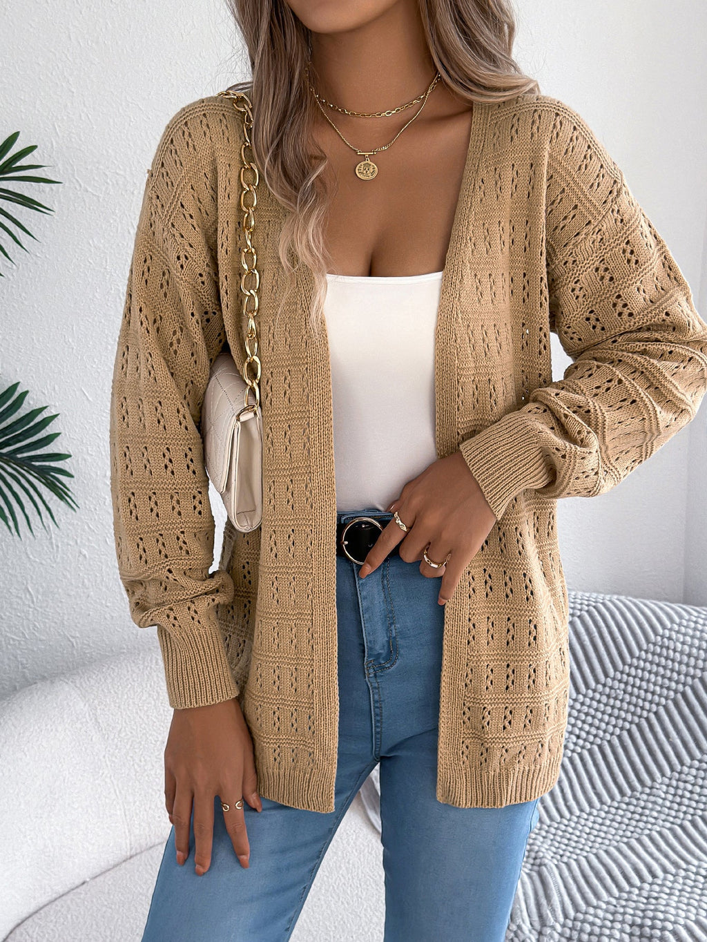 Women Solid Color Hollow Out Lantern Sleeve Long Sleeve Cardigan Sweater Coat