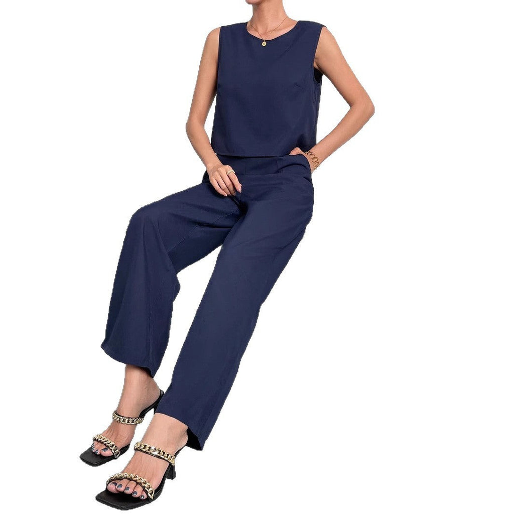 Round Neck Sleeveless Top Wide Leg Pants Two-piece Set