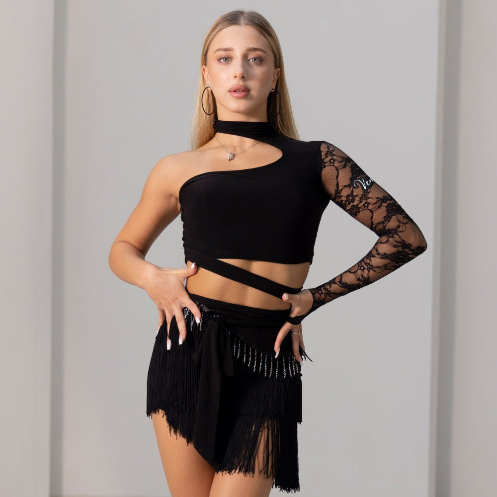 Latin Dance Practice Outfit Lace-spliced Top With Tassel Mini Skirt