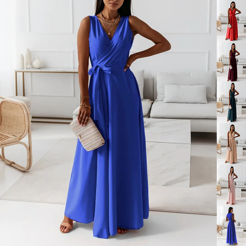 V-neck Sleeveless Dress With Belt Summer Fashion Party Club Evening Maxi Dresses For Women Clothing