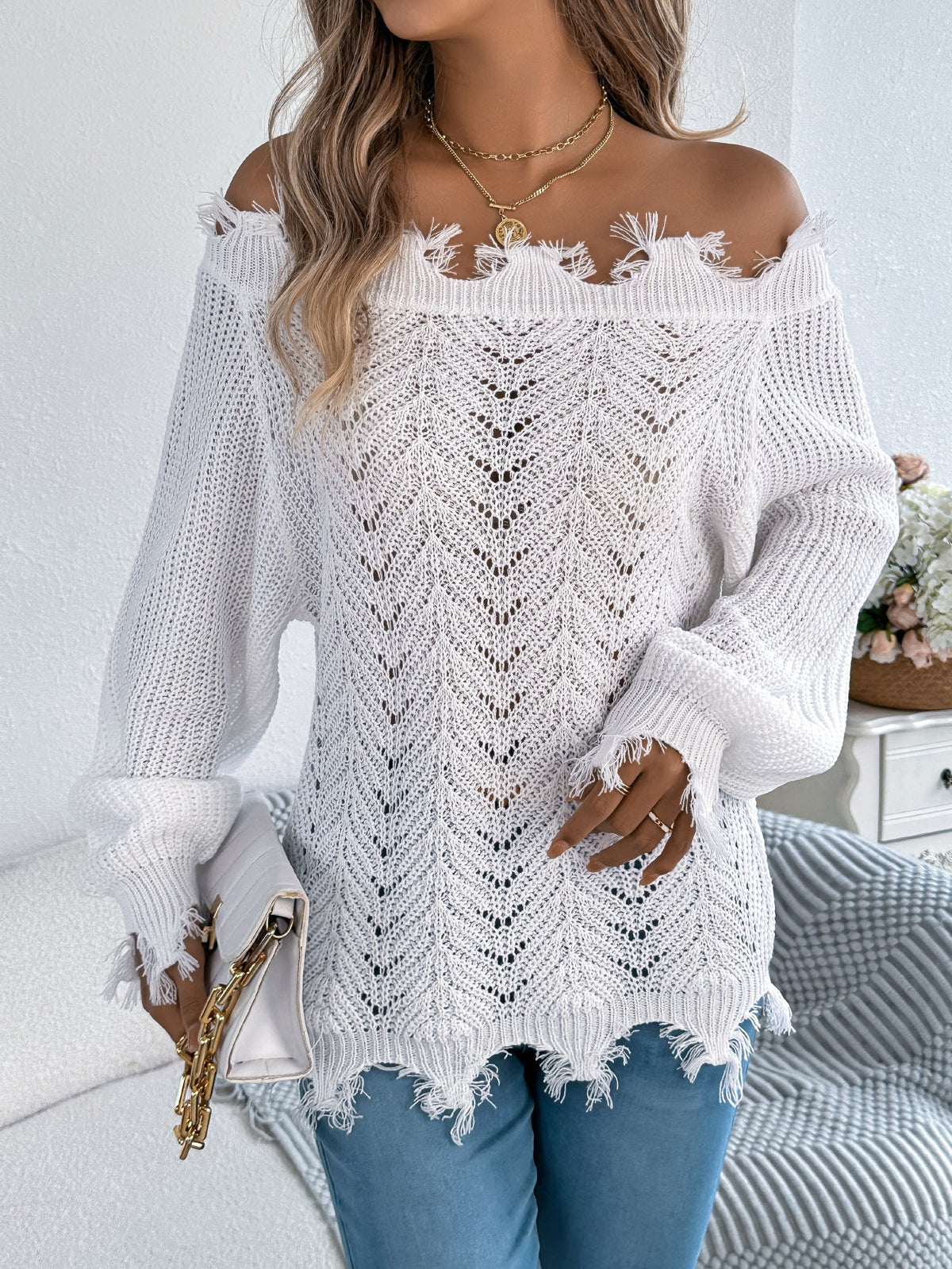Women Solid Color Hollow Out Long Sleeve Distressed Off-Shoulder Pullover Sweater