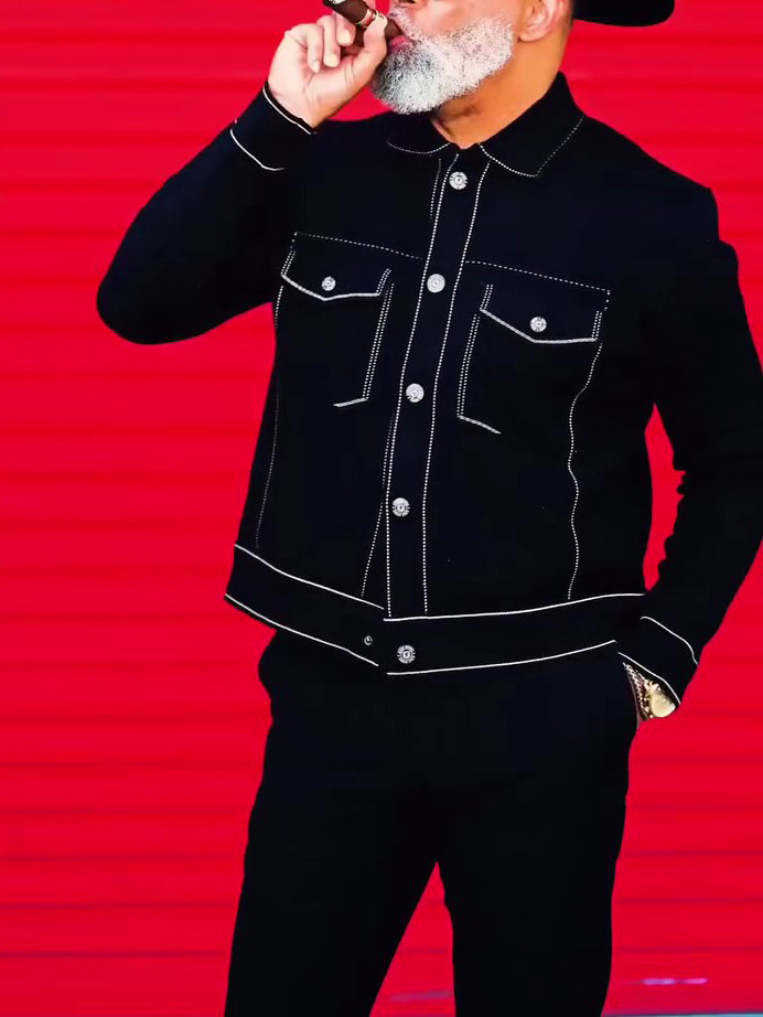 Black Denim Jacket With White Topstitching Detail