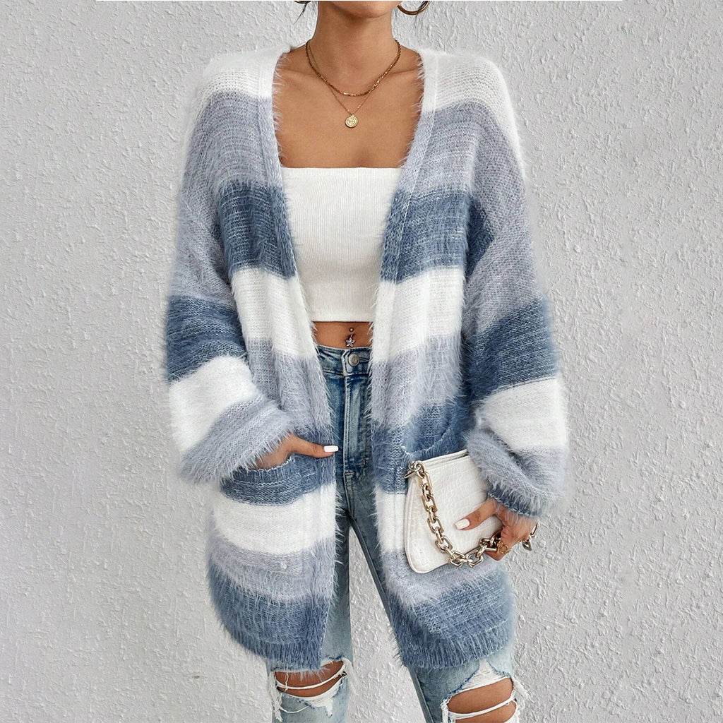 Women's Striped Colorblock Knitted Plush Coat
