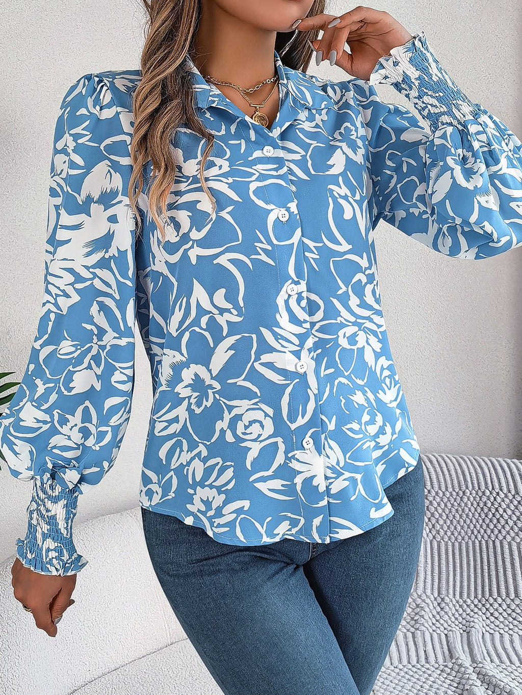 Women's Elegant Color-Blocked Floral Lantern Sleeve Lapel Shirt